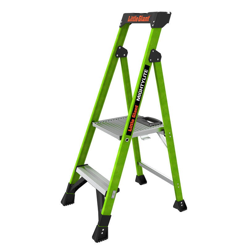The LITTLE GIANT 15394-001 MightyLite IA is a green, 4 ft. fiberglass stepladder with two wide steps, a top handle, sturdy black feet, and a 300 lb. load capacity for safety and reliability.