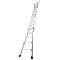 A LITTLE GIANT 15422-001 Velocity IA aluminum articulated extension ladder, 7–19 ft., features black feet and orange locks, fully extended and angled upward against a white background.