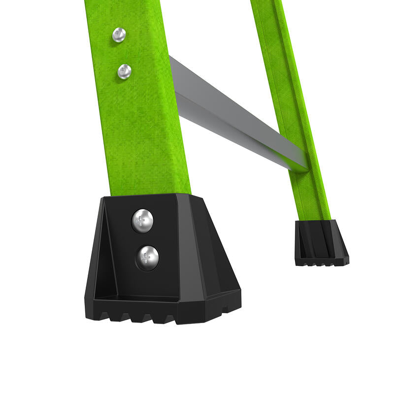 Close-up of the sturdy black bases, rubber-capped feet, and metal bolts on the LITTLE GIANT 15396-001 MightyLite IA 6 ft fiberglass stepladder (300 lb capacity), featuring a supporting brace for stability against a white background.