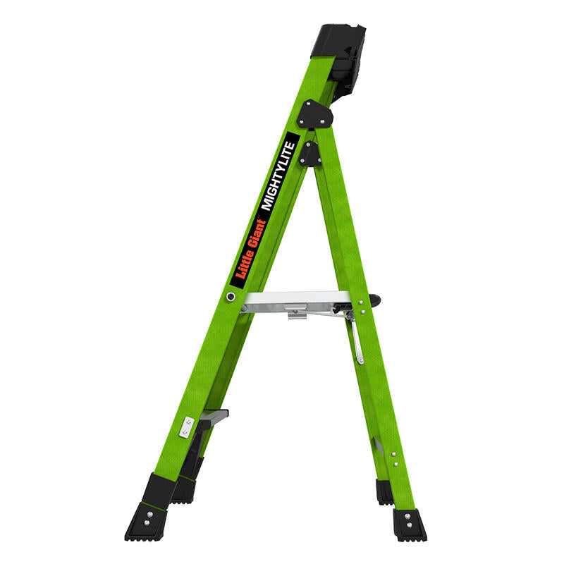 The LITTLE GIANT 15394-001 MightyLite IA is a green 4 ft. fiberglass stepladder with black accents, an A-frame design, and a 300 lb. load capacity for reliable support. The side label reads "LITTLE GIANT MIGHTYLITE.