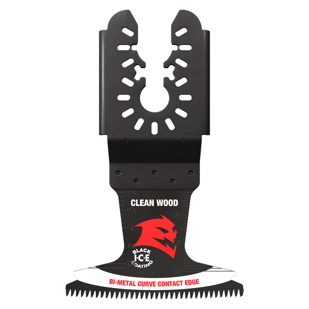 The DIABLO DOU250JBW3 Demo Demon™ Oscillating Blades for Clean Wood, measuring 2-1/2 inches and available in a 3-pack, feature an ultra-hardened bi-metal curve contact edge with a black top and the red Black Ice Coating logo, ensuring durability and precision for wood cutting tasks.