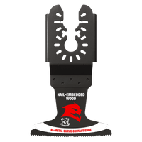 The Diablo DOU250BW3 Demo Demon™ 2-1/2 in. Bi-Metal Oscillating Blade for Nail-Embedded Wood features a jagged, ultra-hardened cutting edge with Bi-Metal Curve Contact Edge text, a universal fit design, and central cutout for easy attachment, accompanied by a red logo.
