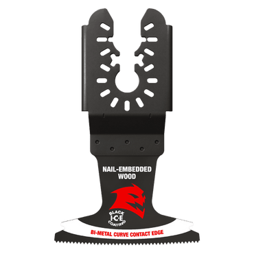 The Diablo DOU250BW3 Demo Demon™ 2-1/2 in. Bi-Metal Oscillating Blade for Nail-Embedded Wood features a jagged, ultra-hardened cutting edge with Bi-Metal Curve Contact Edge text, a universal fit design, and central cutout for easy attachment, accompanied by a red logo.