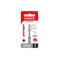 The DIABLO DT152P1 2 in. #15 Torx Drive Bit, in distinctive red and gray packaging, showcases Max Torque Technology and Impact Strong™ design, offering a remarkable 50x longer life due to its MaxTorque Zone innovation.