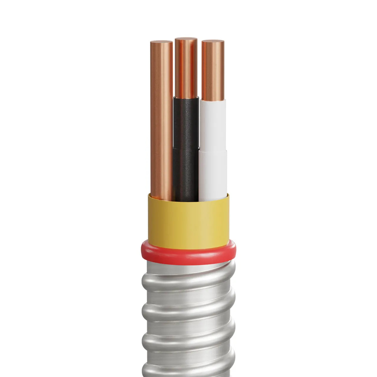 Close-up of the Go Build 14/2 25 ft. Armoured Cable MC, featuring silver metallic flexible conduit and yellow/red insulation, with three exposed copper wires—two bare, one black, and one white—emerging from the top.
