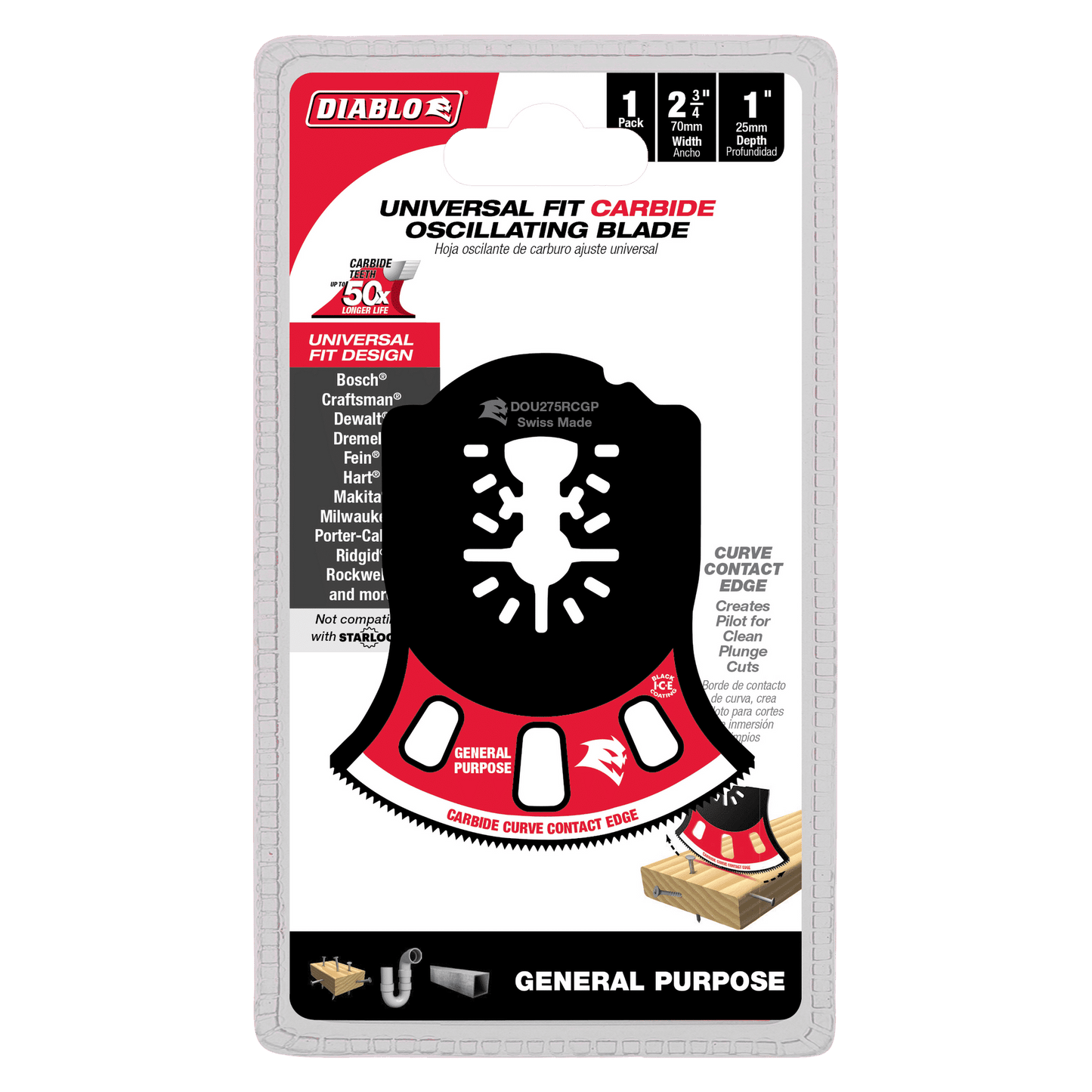 Image of a Diablo DOU275RCGP Demo Demon Oscillating Blade package highlights its universal fit design. The black blade, for general purpose cuts, works with major brands and features icons illustrating carbide curve contact edge and TiCo Hi-Density carbide teeth for enhanced performance.