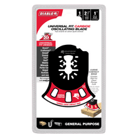 Image of a Diablo DOU275RCGP Demo Demon Oscillating Blade package highlights its universal fit design. The black blade, for general purpose cuts, works with major brands and features icons illustrating carbide curve contact edge and TiCo Hi-Density carbide teeth for enhanced performance.