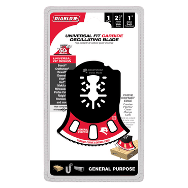 Image of a Diablo DOU275RCGP Demo Demon Oscillating Blade package highlights its universal fit design. The black blade, for general purpose cuts, works with major brands and features icons illustrating carbide curve contact edge and TiCo Hi-Density carbide teeth for enhanced performance.