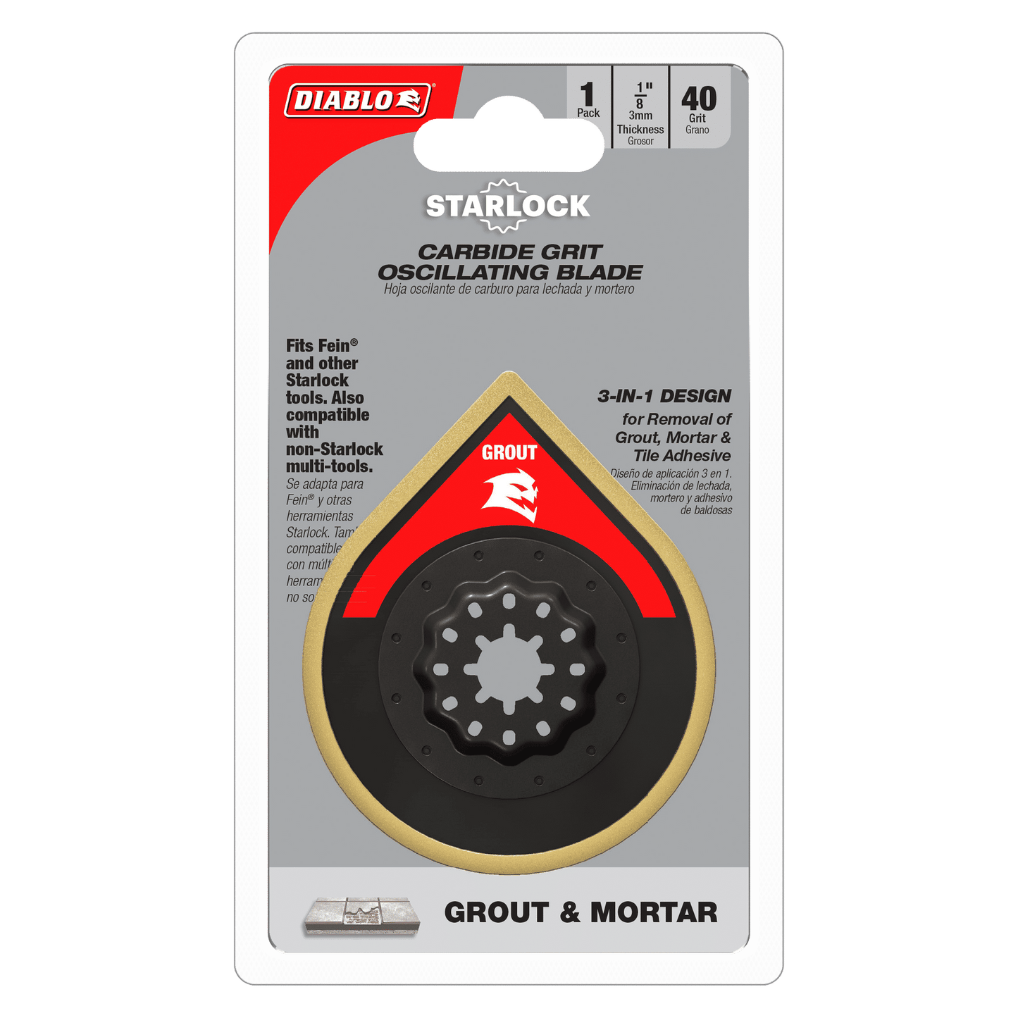The DIABLO DOSCGX 2-3/4 in. Starlock Carbide Grit Oscillating Sanding Blade from Diablo is perfect for grout and mortar removal, designed with a 3-in-1 compatibility for Fein and other Starlock tools. This pack includes one blade functioning as a versatile 40-grit sanding plate.