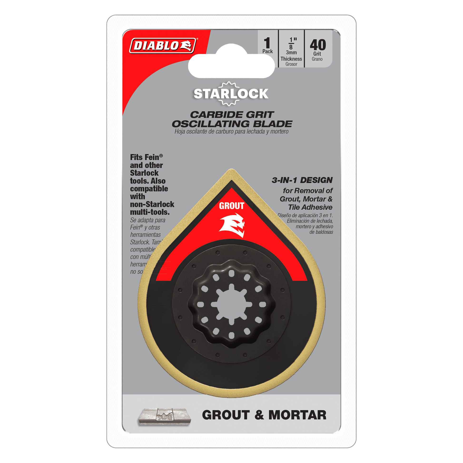 The DIABLO DOSCGX 2-3/4 in. Starlock Carbide Grit Oscillating Sanding Blade from Diablo is perfect for grout and mortar removal, designed with a 3-in-1 compatibility for Fein and other Starlock tools. This pack includes one blade functioning as a versatile 40-grit sanding plate.