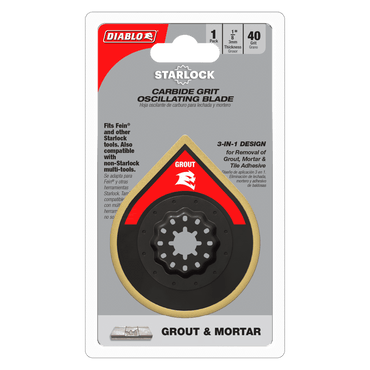 The DIABLO DOSCGX 2-3/4 in. Starlock Carbide Grit Oscillating Sanding Blade from Diablo is perfect for grout and mortar removal, designed with a 3-in-1 compatibility for Fein and other Starlock tools. This pack includes one blade functioning as a versatile 40-grit sanding plate.