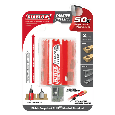 The DIABLO DHS2000CT 2 in. Carbide Teeth Hole Saw by Diablo, designed for wood and metal with durable carbide teeth, offers 50x longer cutting life. Images depict its use; Snap-Lock Plus mandrel system required.