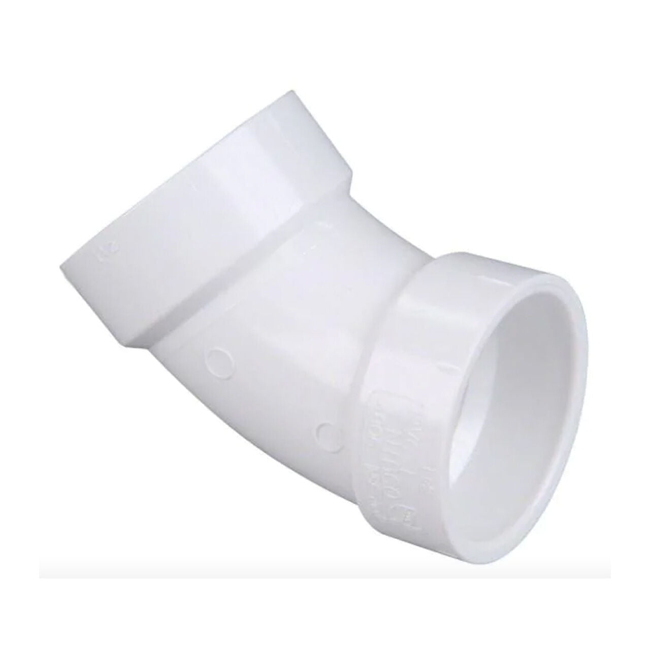 A Go Build 2 in. PVC DWV 45-degree hub x hub elbow from The Fastest Way To Build is displayed against a plain white background.