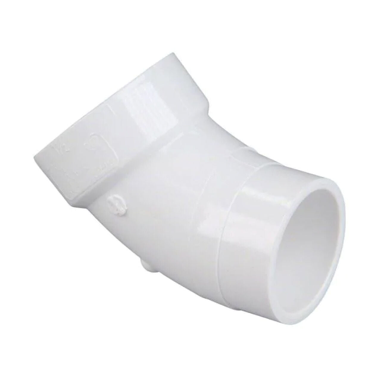 A white Go Build 2 in. PVC DWV 90-degree Spg x Hub street elbow, ideal for connecting two pipes in plumbing or irrigation systems.