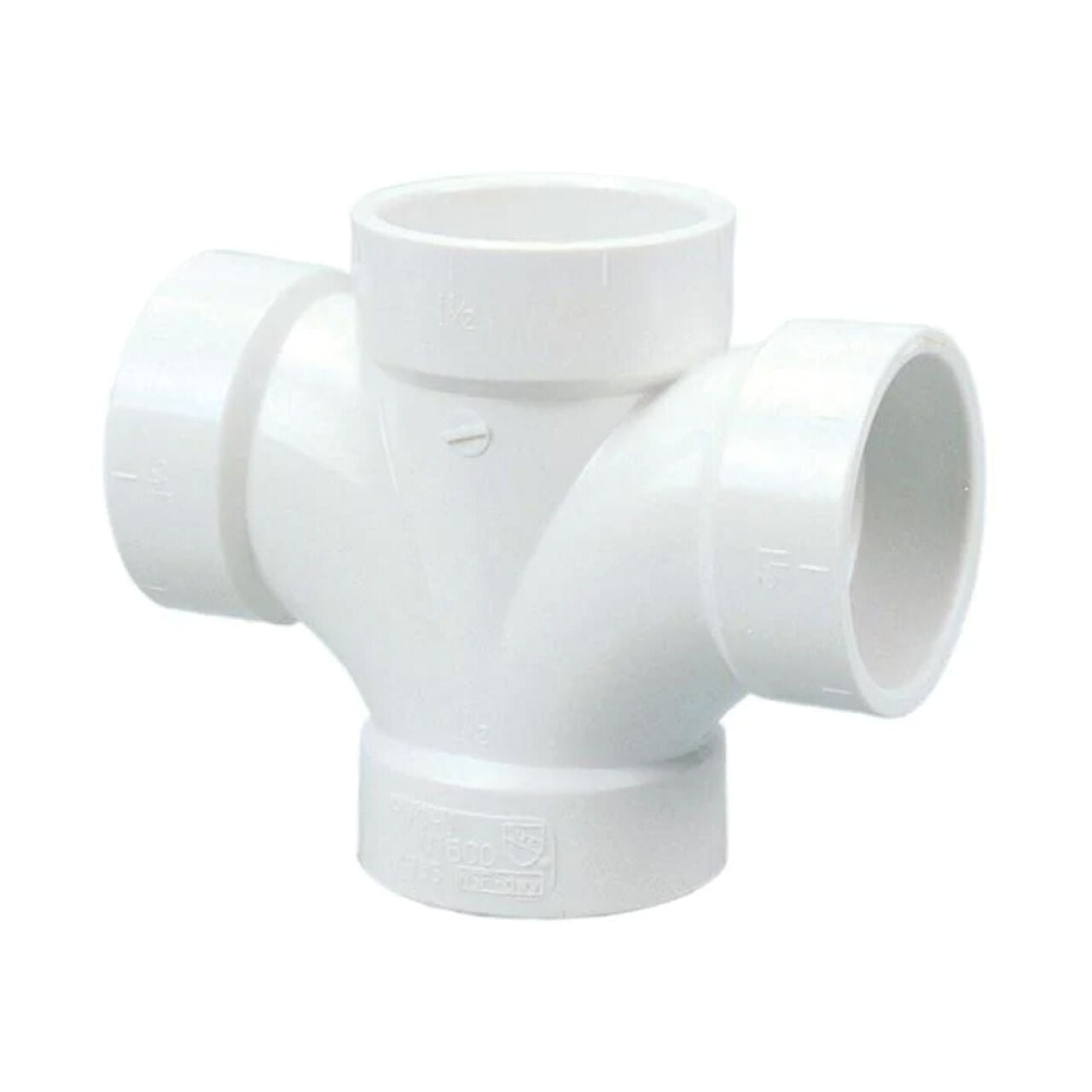 A white Go Build 2 in. PVC DWV All Hub Double Sanitary Tee features four openings for efficient plumbing connections.