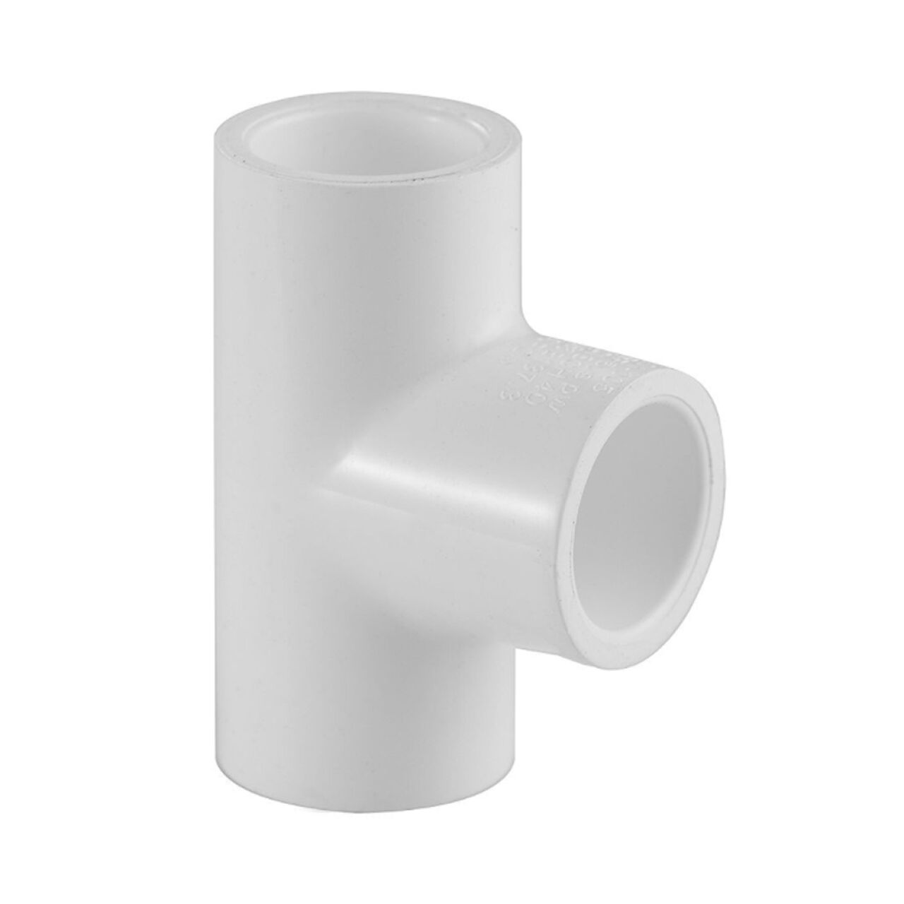 The Go Build 2 in. Schedule 40 PVC Tee is a white, T-shaped fitting with three open ends, designed for connecting pipes at right angles in potable water systems. From Go Build—The Fastest Way To Build.