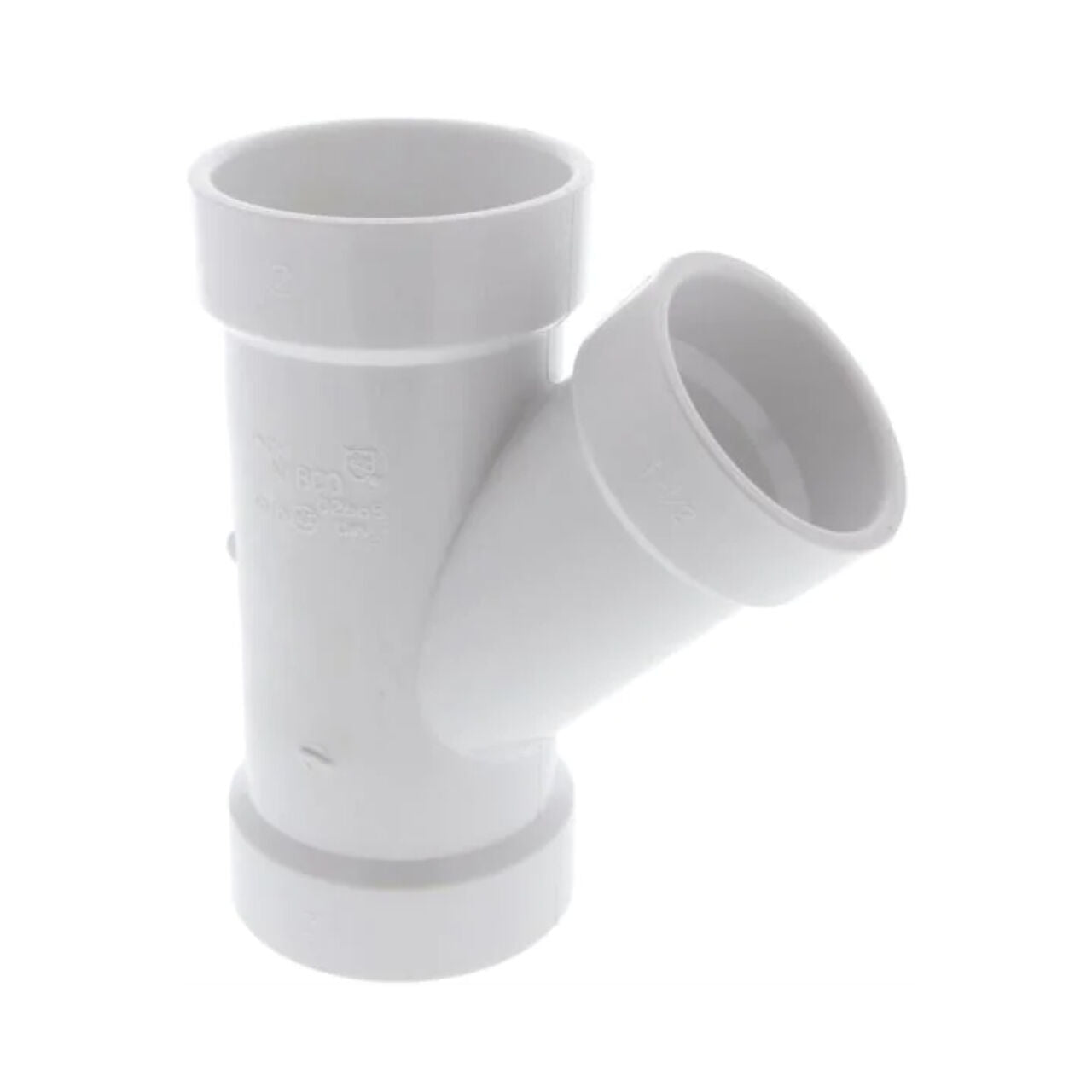 The Go Build 2 in. x 2 in. x 1-1/2 in. PVC DWV 45-Degree All Hub Wye is a white plastic fitting with three openings, designed to connect and branch pipes at an angle for plumbing applications.