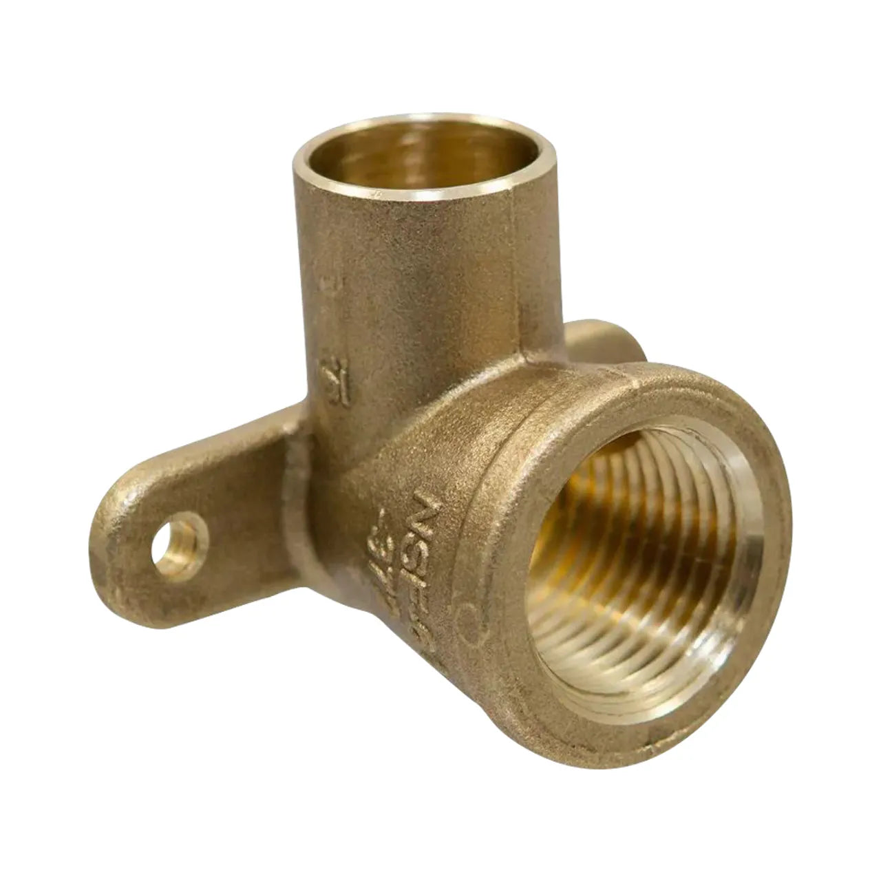 The Go Build 1/2 in. 90-Degree Drop Ear Cup x F Elbow features dezincification-resistant brass, threaded female opening, and a mounting flange for secure surface attachment; ideal for copper tubing connections.