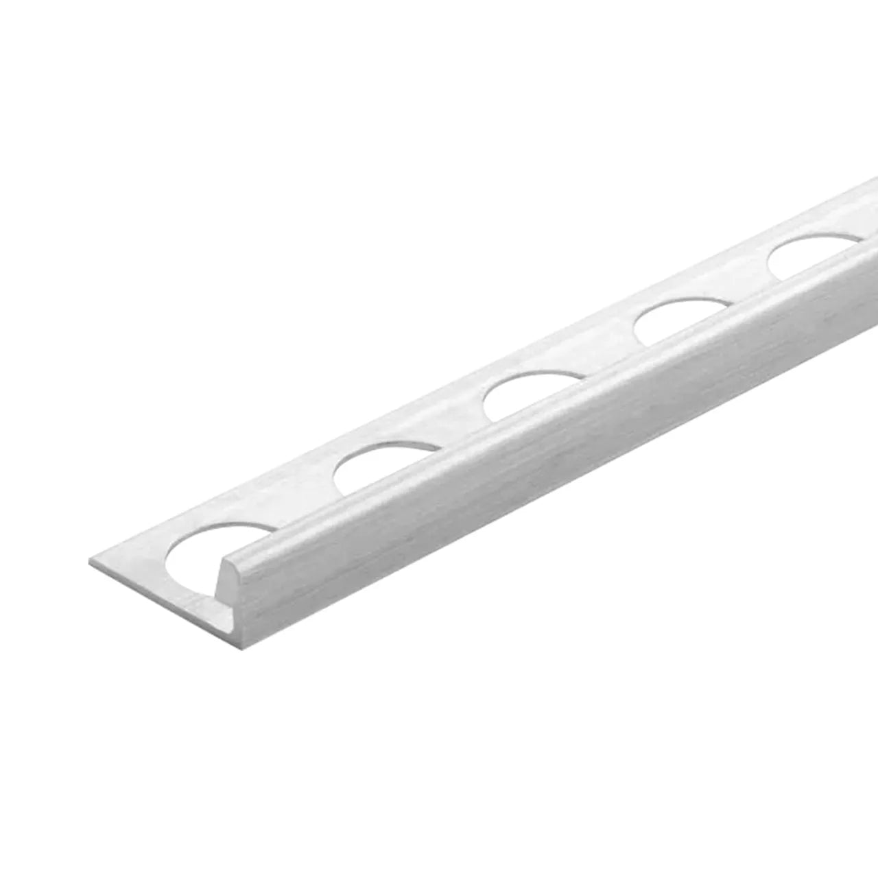 The Go Build 3/8 in. x 98-1/2 in. Aluminum L-Shaped Metal Edging Trim - Silver features round holes for easy installation and is designed to protect tiled edges and create smooth floor transitions.