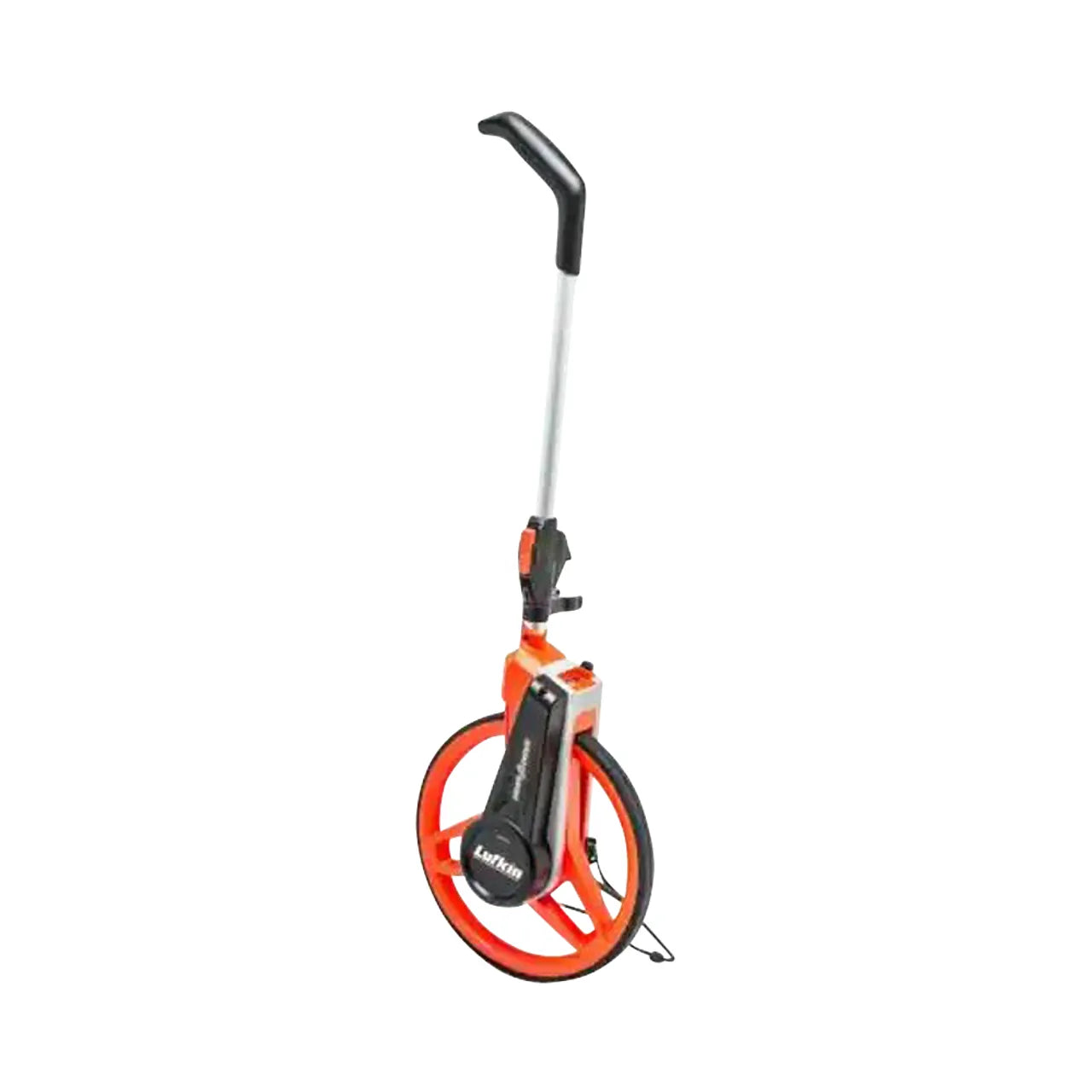 The Go Build 12-1/2 in. Contractors Measuring Wheel features a silver handle, ergonomic black grip, red and black design, and heavy-duty wheel wiper for accurate ground distance measurement.