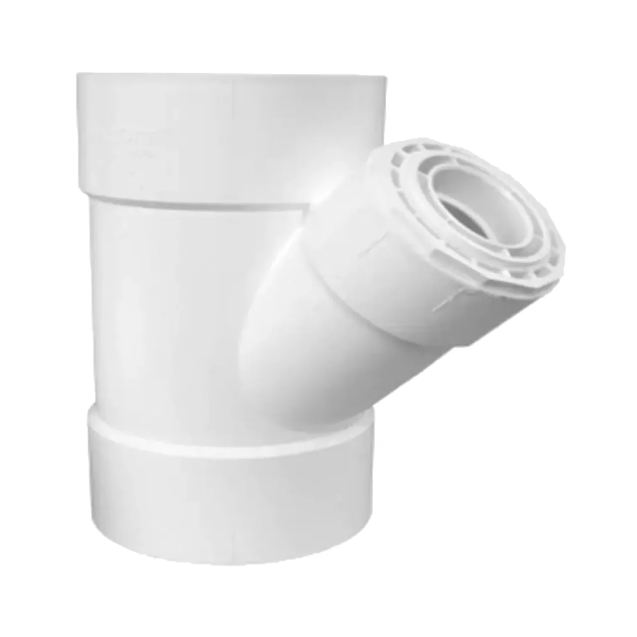 Go Build 3 in. x 3 in. x 1-1/2 in. DWV PVC Reducing Wye All Hub, white plastic Y-joint fitting for sewer and storm drainage, features one main hub and one angled side hub, isolated on a white background.