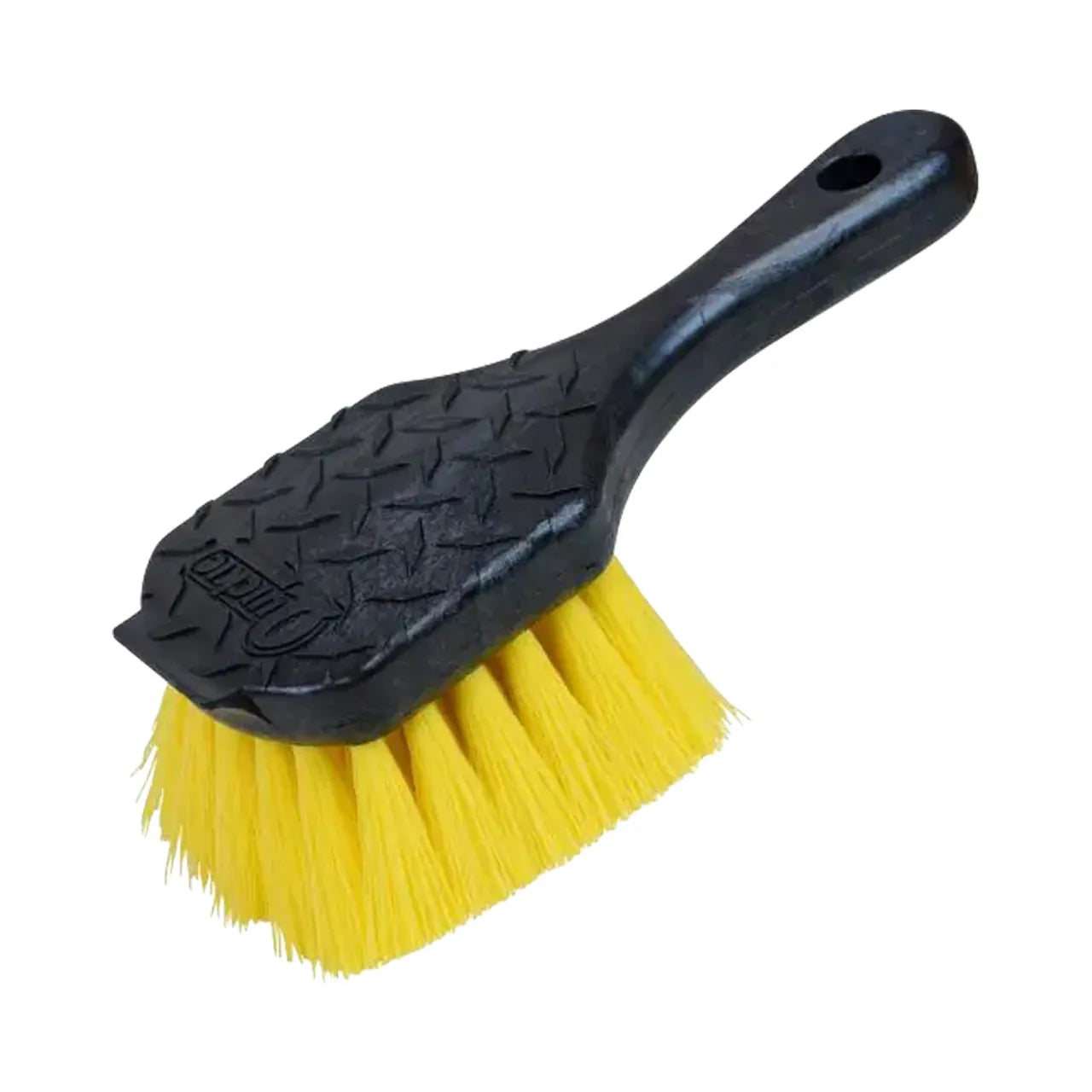 An 8-1/2 in. Gong Scrub Brush by Go Build, The Fastest Way To Build, features a black handle and bright yellow durable poly fibers, displayed at an angle on a white background.