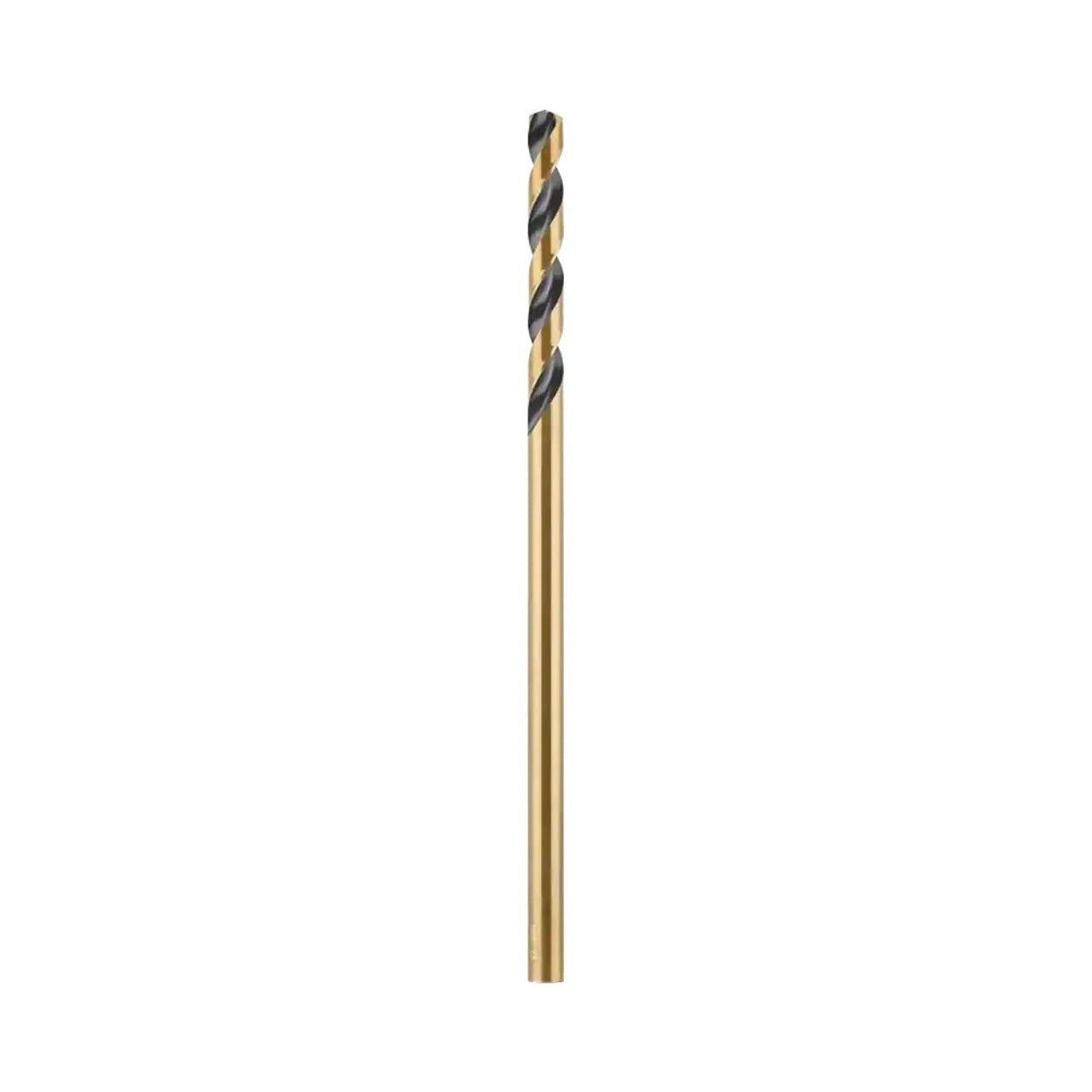 A Go Build 1/2 in. x 12 in. Black and Gold Drill Bit with black spiral flutes and a 135° split point stands vertically against a white background, featuring a gold-colored body for durability and style. Brand: The Fastest Way To Build.