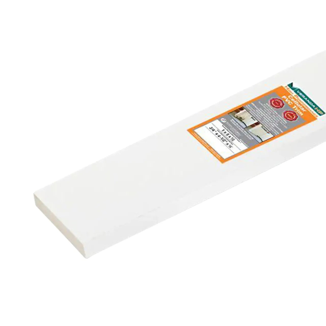 The Go Build 3/4 in. x 4-1/2 in. x 16 ft. Cellular PVC Trim, shown on a white background with its product label, is ideal for pairing with moisture resistant trim or exterior solutions like Veranda Cellular PVC Trim.