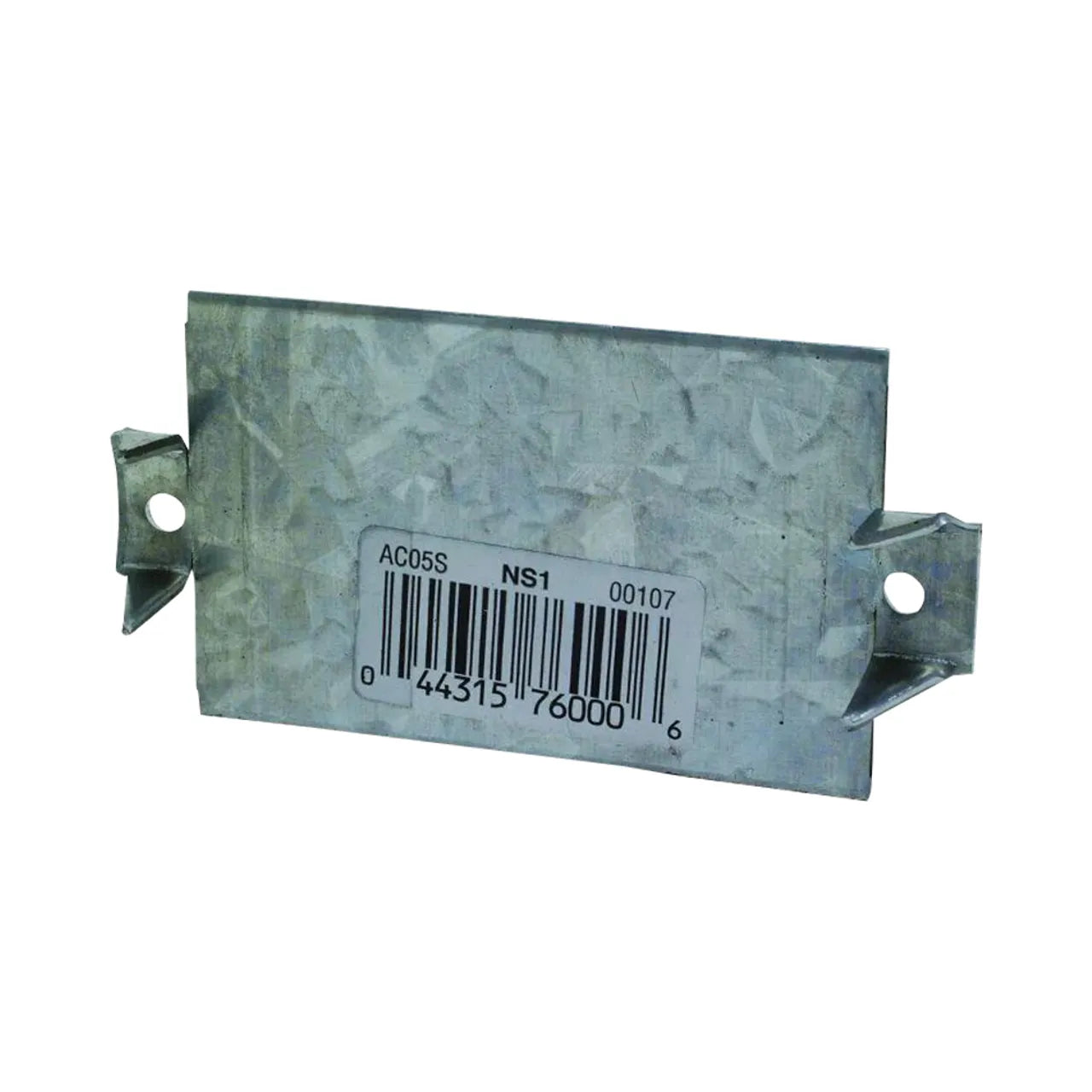 A Go Build NS 1-1/2 in. x 3 in. 14-Gauge Nail Stop features a galvanized steel rectangular plate with barcode 44315 76000 on a white label, and has two angled edges with holes for attachment.