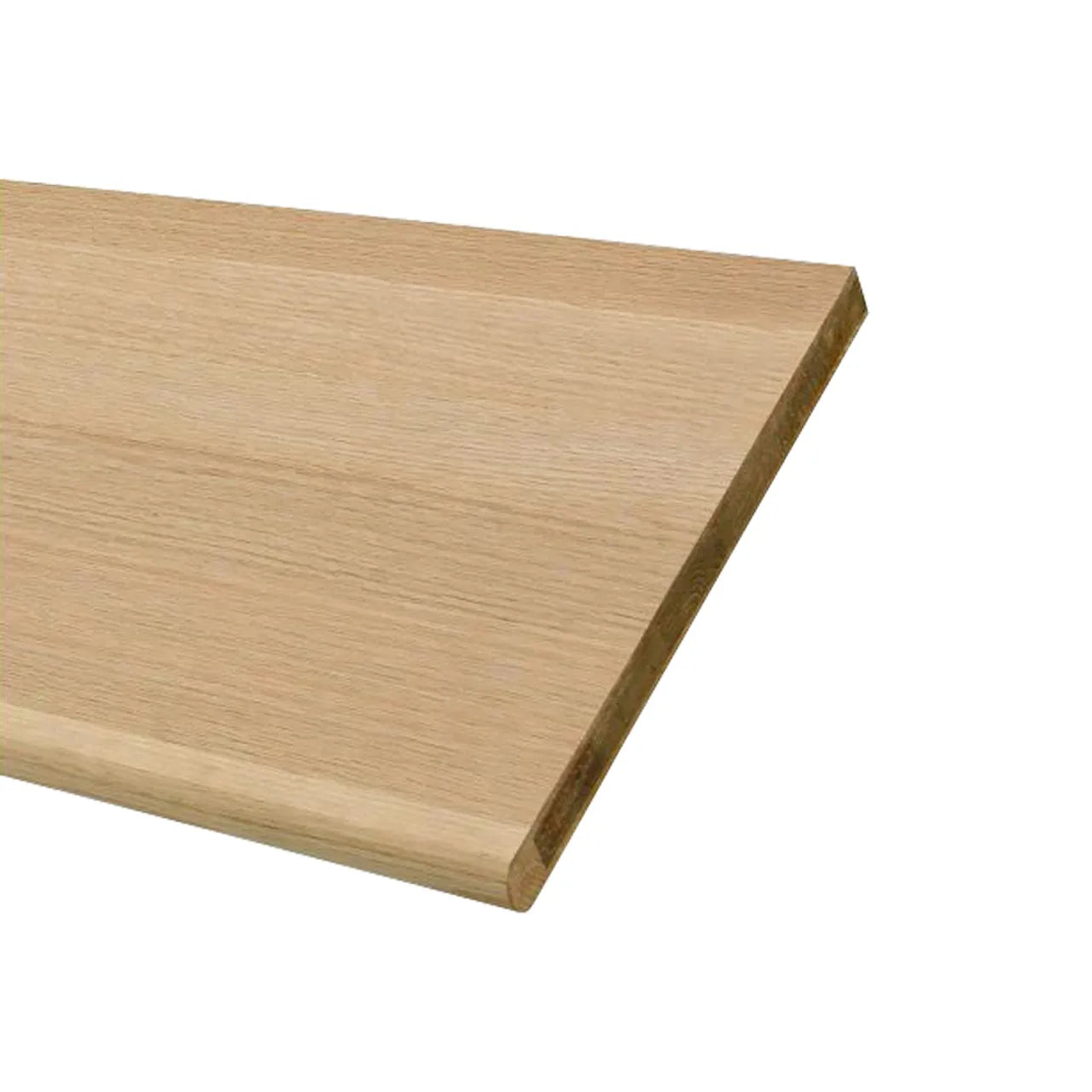 The Go Build 11-1/2 in. x 36 in. Red Oak Engineered Plain Stair Tread features a solid hardwood core, straight edges, and a smooth light-colored surface, shown photographed against a white background.
