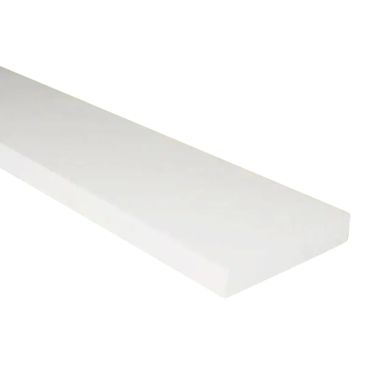 The Go Build 3/4 in. x 4-1/2 in. x 8 ft. Traditional Trim PVC Board is a smooth, white solid plastic board, moisture-resistant and ideal for ground contact use, shown on a white background.