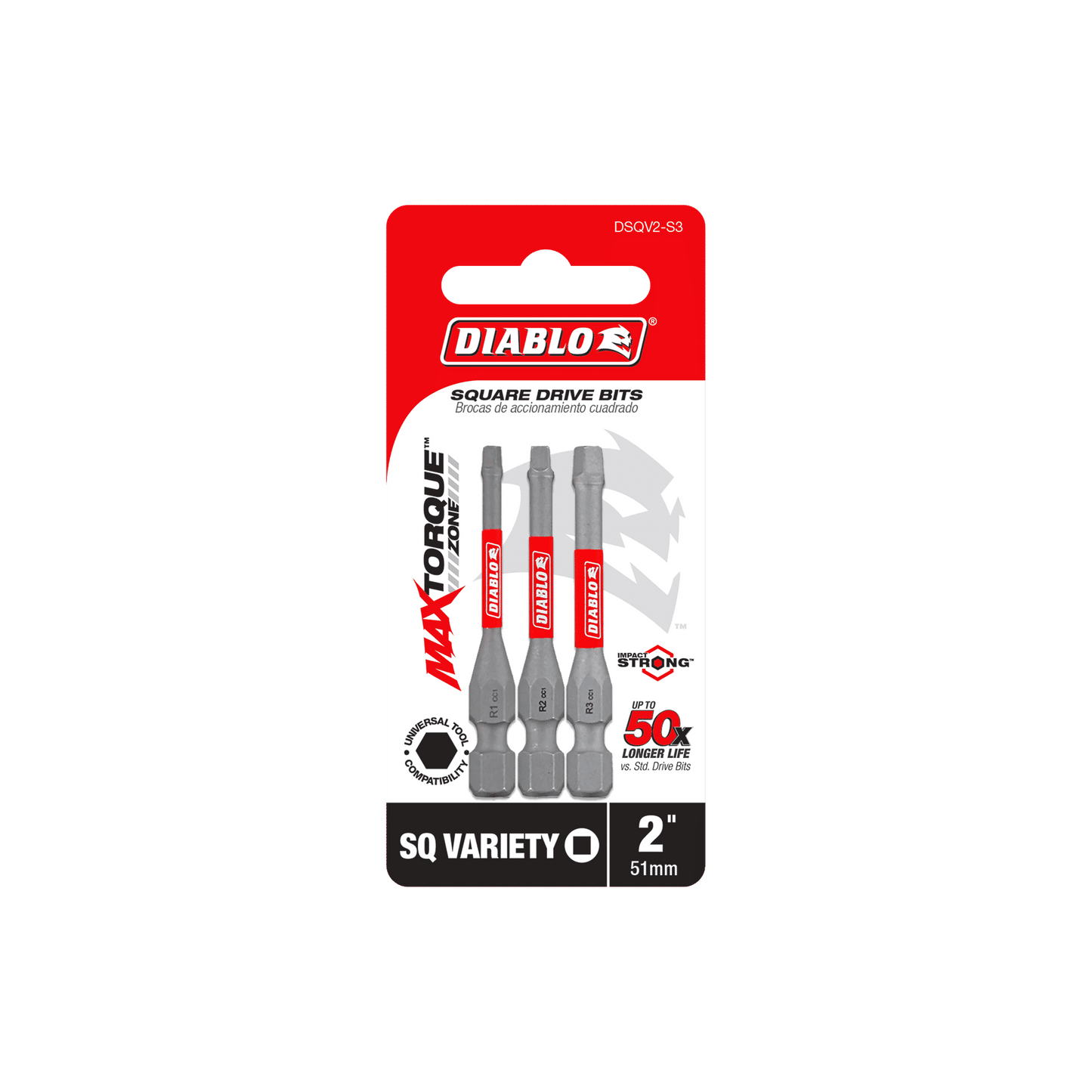 The Diablo DSQV2-S3 2 in. Square Drive Bit Assorted Pack (3-Piece) features three 51mm Impact Strong™ square bits with a MaxTorque Zone design for a 50x longer life, all in eye-catching red packaging with the iconic Diablo logo.