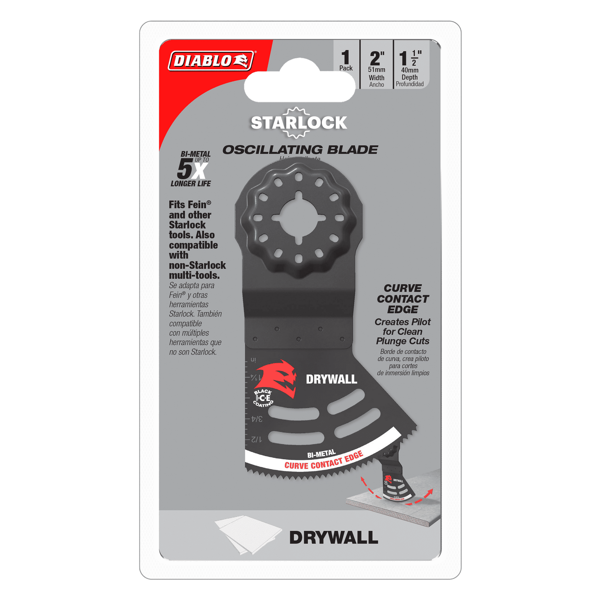 The DIABLO DOS200RBD 2 in. Starlock Bi-Metal Oscillating Blade for Drywall features an ultra-hardened edge for precise cuts, Black I.C.E. coating for 5x longer life, and is compatible with Fein and Starlock tools. The mainly black package has red and white text.