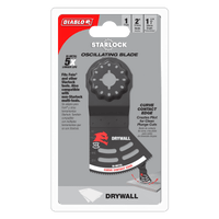 The DIABLO DOS200RBD 2 in. Starlock Bi-Metal Oscillating Blade for Drywall features an ultra-hardened edge for precise cuts, Black I.C.E. coating for 5x longer life, and is compatible with Fein and Starlock tools. The mainly black package has red and white text.