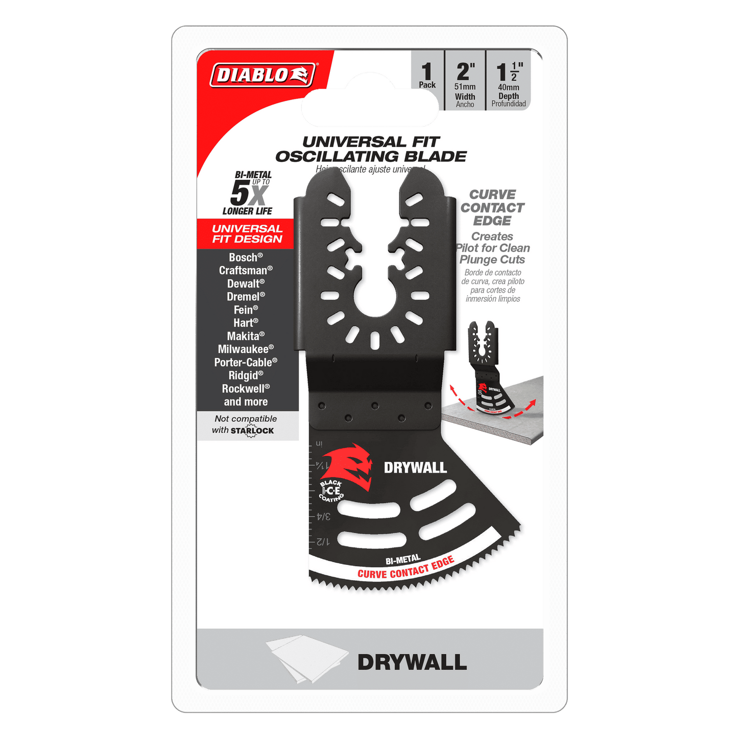 Packaging for the DIABLO DOU200RBD 2 in. Universal Fit Bi-Metal Oscillating Blade for Drywall features a black blade with red Diablo logo and ultra-hardened edge, fitting various brands. Highlights include a curved contact edge for precise plunge cuts, labeled specifically for drywall use.