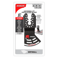 Packaging for the DIABLO DOU200RBD 2 in. Universal Fit Bi-Metal Oscillating Blade for Drywall features a black blade with red Diablo logo and ultra-hardened edge, fitting various brands. Highlights include a curved contact edge for precise plunge cuts, labeled specifically for drywall use.