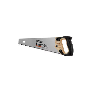 The STANLEY® FATMAX® 15 in Carbon Steel Handsaw features a silver blade, black and wood-colored handle, and FATMAX logo on the blade—perfect for precise woodworking projects.