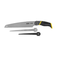 The STANLEY 3-in-1 Multi-Purpose Saw with a black and yellow handle is displayed on a white background, featuring two interchangeable blades for versatile cutting needs.