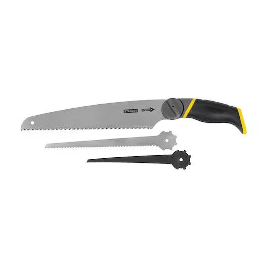 The STANLEY 3-in-1 Multi-Purpose Saw with a black and yellow handle is displayed on a white background, featuring two interchangeable blades for versatile cutting needs.