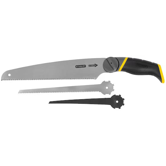 The STANLEY 3-in-1 Multi-Purpose Saw includes two interchangeable silver blades, a black adjustment tool, and a black and yellow handle—all displayed on a white background.