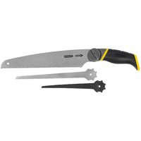 The STANLEY 3-in-1 Multi-Purpose Saw includes two interchangeable silver blades, a black adjustment tool, and a black and yellow handle—all displayed on a white background.
