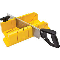 The STANLEY® Clamping Mitre Box with Saw features angled guide slots and a black-handled saw, making it an ideal precision cutting tool from STANLEY for accurate angled cuts in wood or similar materials.