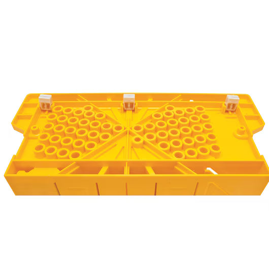 A yellow plastic queen excluder with round holes and three white clips fits beehive frames—perfect for those who value precise tools like the STANLEY® Clamping Mitre Box with Saw by STANLEY.