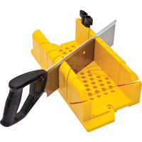 The STANLEY® Clamping Mitre Box with Saw is a yellow plastic tool by STANLEY, featuring a black-handled saw inside, perfect for precise angled cuts in woodworking and other material tasks.