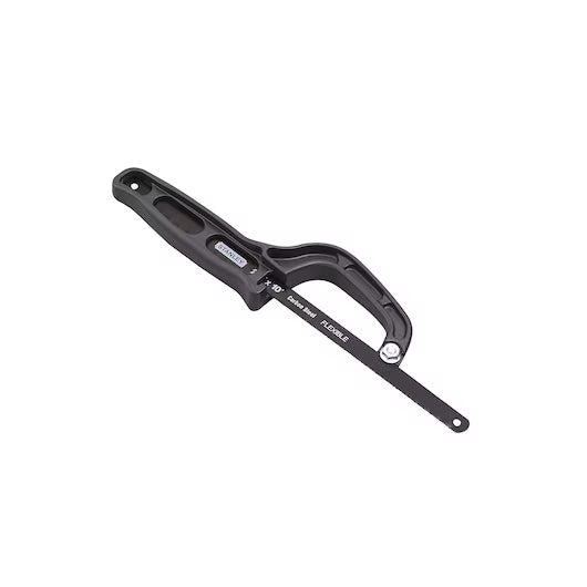 The STANLEY® Mini Hacksaw by STANLEY is a compact hand tool with a black plastic handle and thin metal blade for cutting metal, shown on a white background.