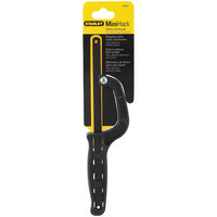 The STANLEY® Mini Hacksaw by STANLEY features a black handle and comes in yellow-and-black packaging, designed for cutting metal, and is shown upright in its unopened package.