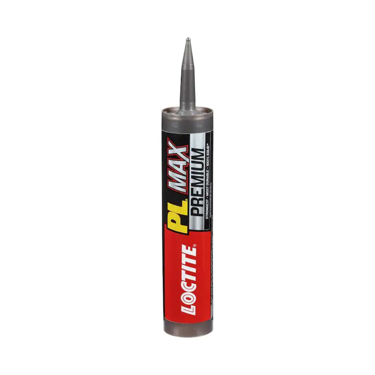 A 9 oz. Go Build PL Premium MAX Construction Adhesive tube stands upright against a white background, displaying its red, yellow, black, and silver label—The Fastest Way To Build with the strongest bond for any project.
