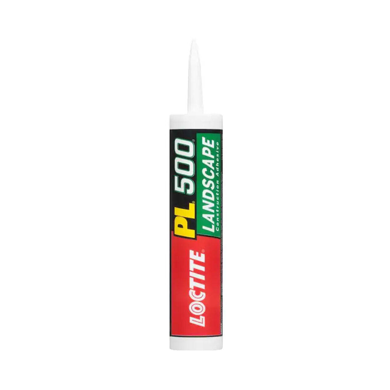 A 10 oz. tube of LOCTITE 1654392 PL 500 Landscape Block Adhesive, perfect for outdoor landscaping projects, features a pointed nozzle and a red, green, black, and yellow label.
