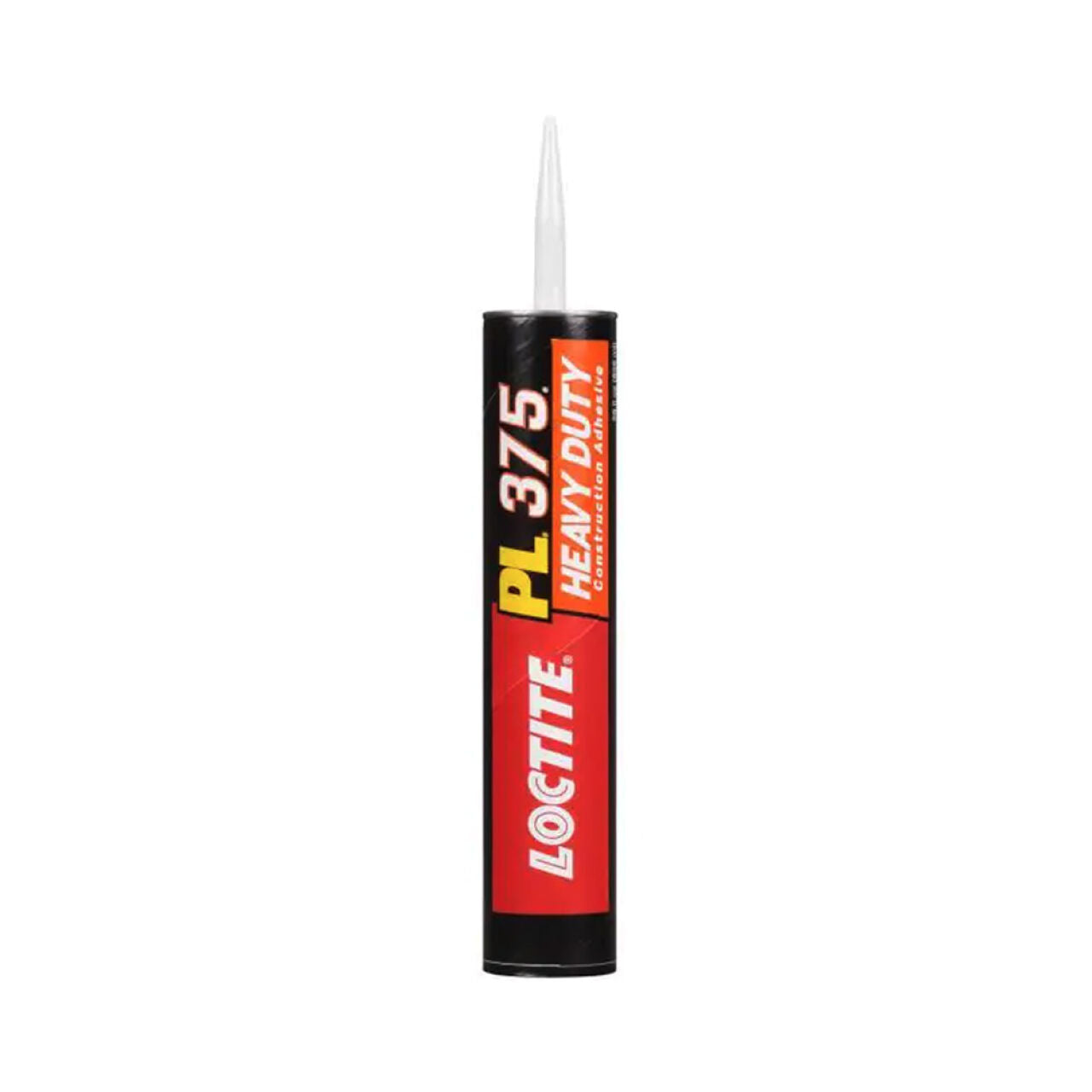 A 28 oz. tube of Go Builds PL 375 Heavy Duty VOC Construction Adhesive stands upright, displaying its pointed nozzle and bold red, yellow, white, and black label from The Fastest Way To Build brand.