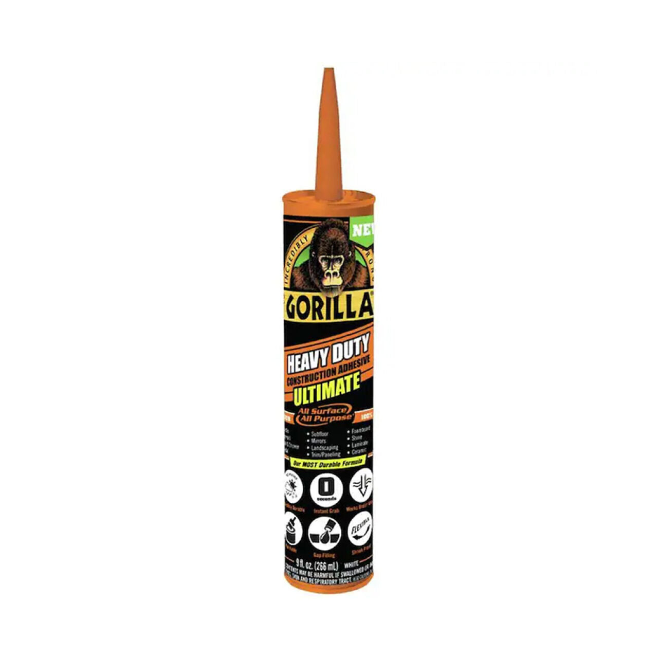 A 9 oz. tube of Go Build Heavy Duty Construction Adhesive Ultimate, branded The Fastest Way To Build, with an orange nozzle and features highlighted on the label in black, yellow, and orange.